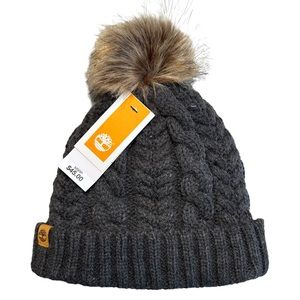 NWT TIMBERLAND FLEECE LINED CHUNKY FAUX FUR POM BEANIE